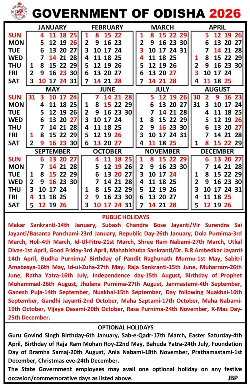 Government of Odisha 2026 Calendar: