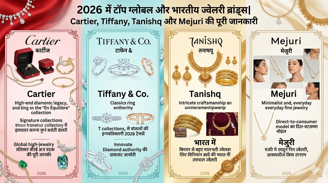 2026 में टॉप ग्लोबल और भारतीय ज्वेलरी ब्रांड्स | Cartier, Tiffany, Tanishq और Mejuri की पूरी जानकारी