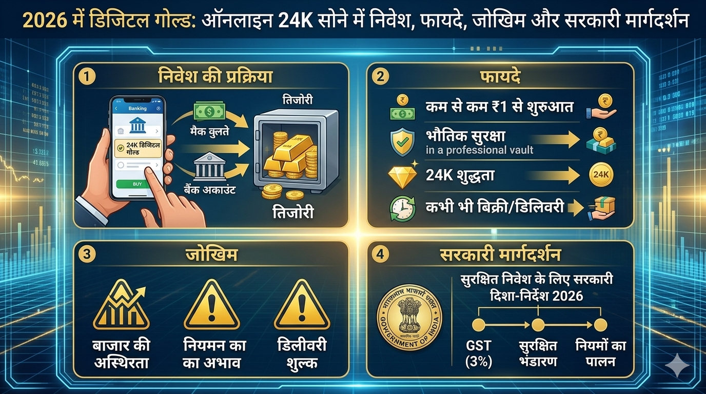 2026 में डिजिटल गोल्ड: ऑनलाइन 24K सोने में निवेश, फायदे, जोखिम और सरकारी मार्गदर्शन