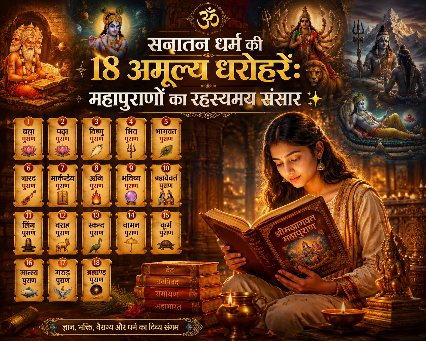 🕉️ सनातन धर्म की 18 अमूल्य धरोहरें: महापुराणों का रहस्यमय संसार ✨
