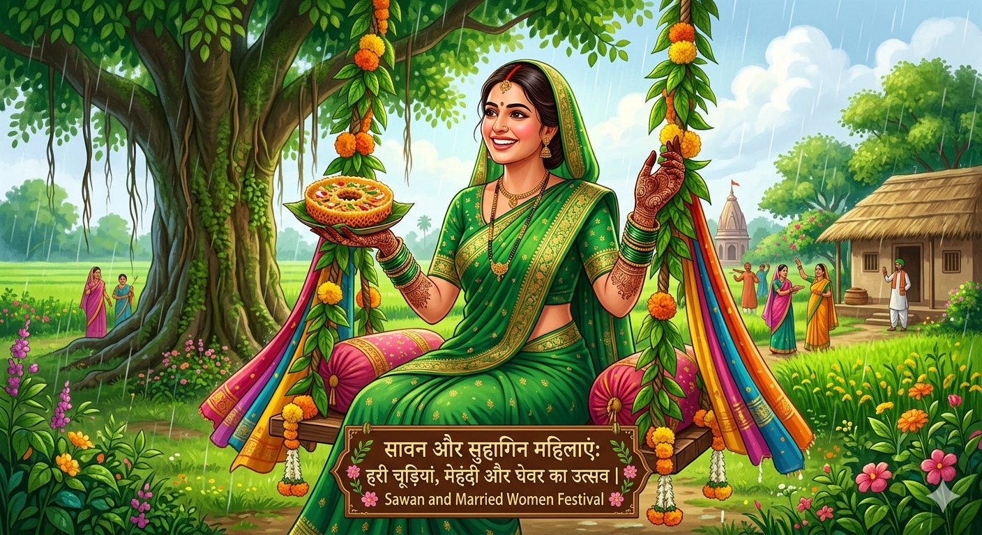 सावन और सुहागिन महिलाएं: जानिए सावन के महीने में हरी चूड़ियां, मेहंदी और घेवर का धार्मिक व वैज्ञानिक महत्व