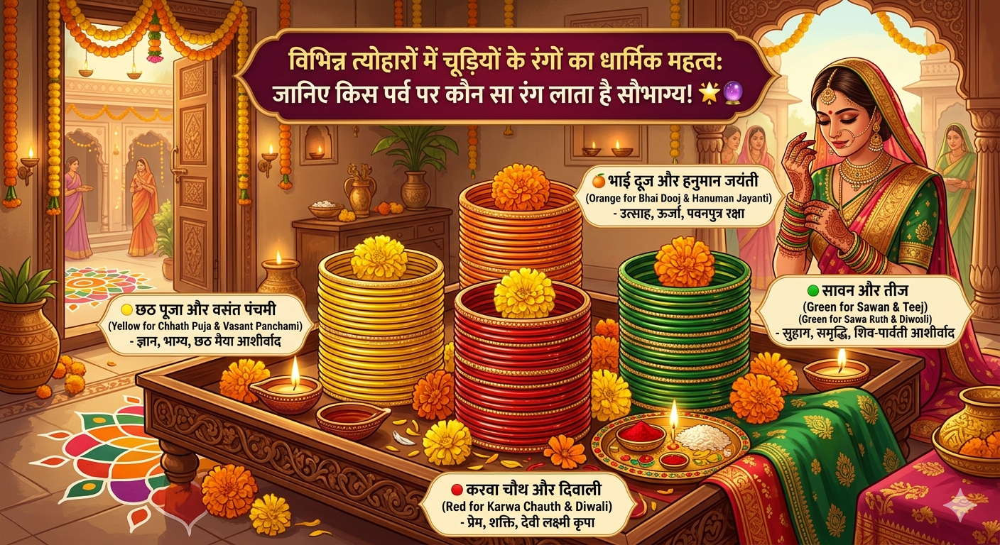 विभिन्न त्योहारों में चूड़ियों के रंगों का धार्मिक महत्व: जानिए किस पर्व पर कौन सा रंग लाता है सौभाग्य! 🌟🔮
