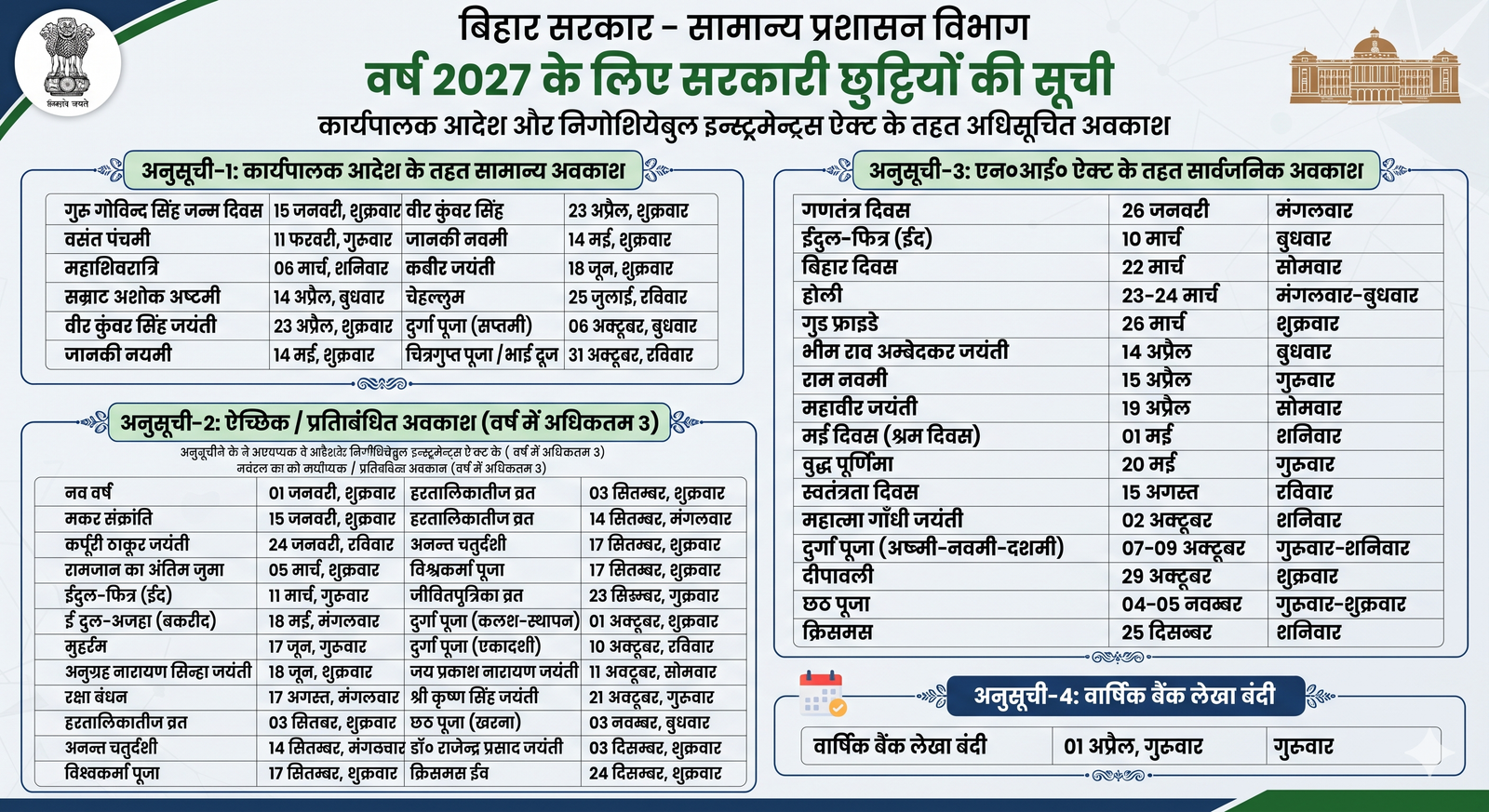 Bihar Holiday Calendar 2027